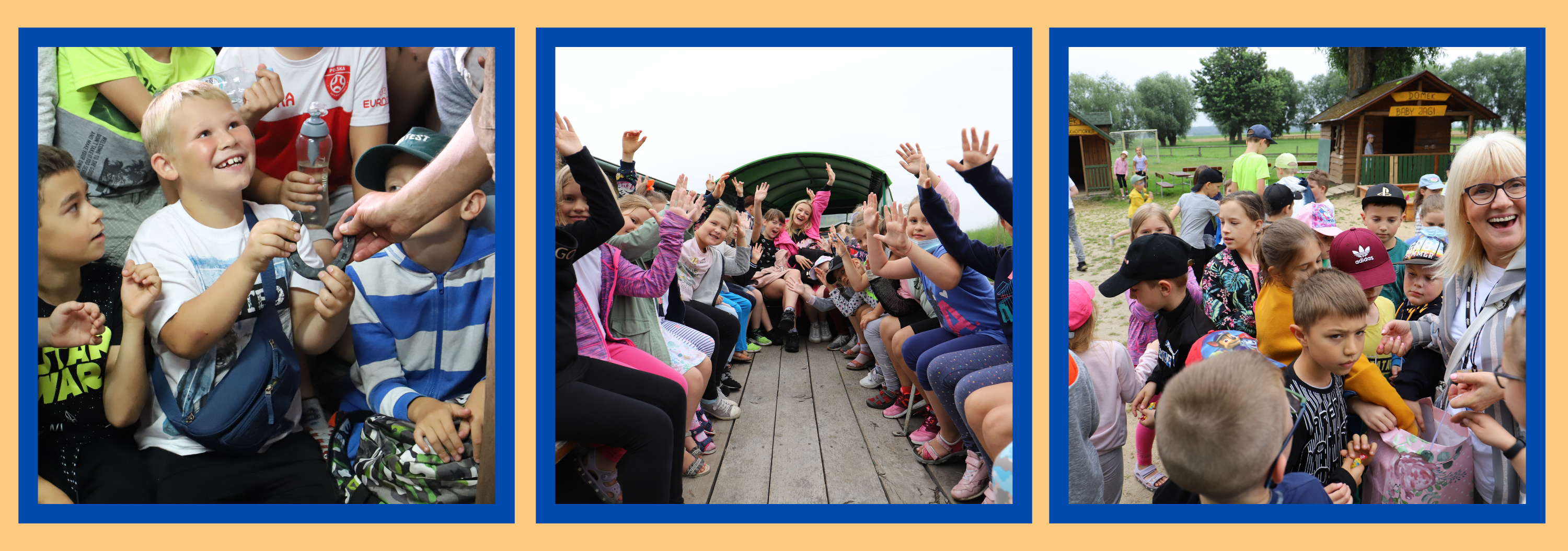 Trzy fotografie przedstawiające dzieci na wycieczce w Chacie Kowala